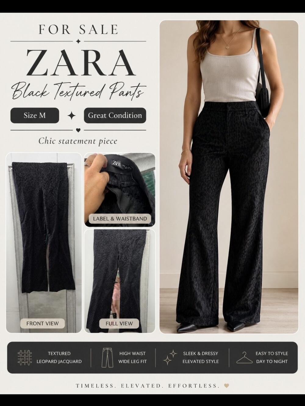 Zara Black Textured Wide-Leg High-Rise Trousers
